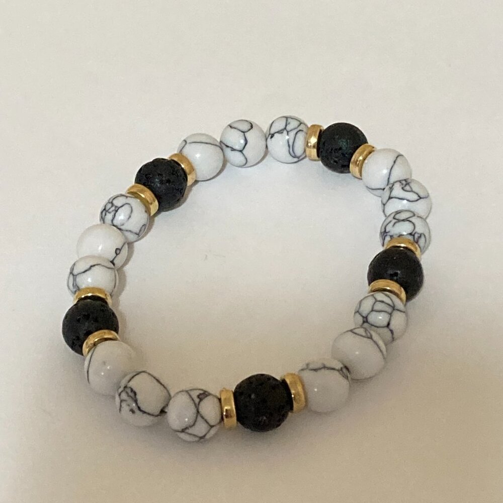 White Howlite Black Lava Stone Beaded Bracelet Stretch - Picture 4 of 4